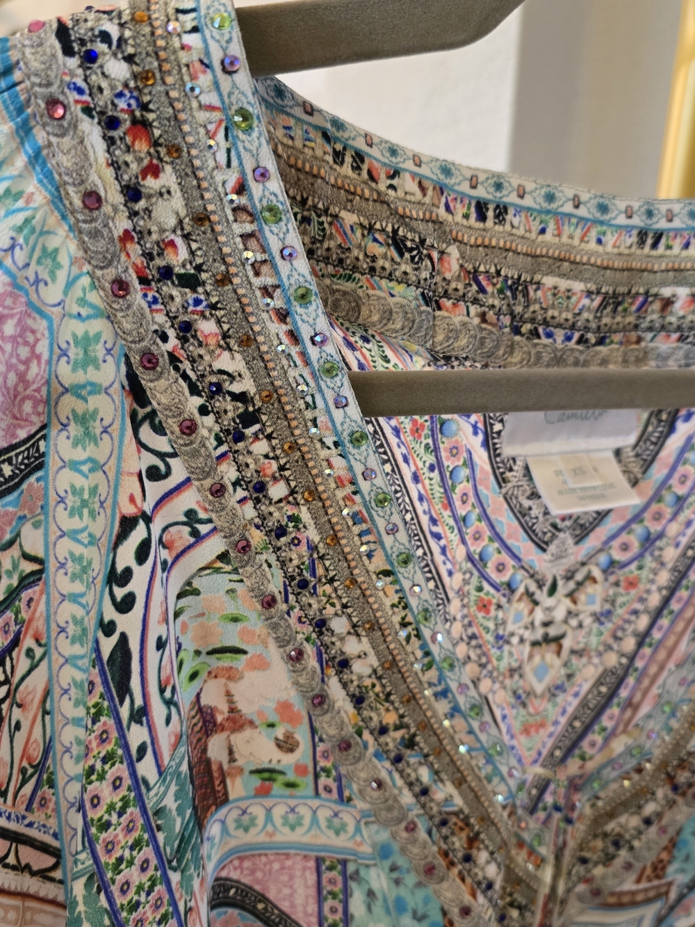 Camilla Silk Embellished Print V-Neck Blouse with Beaded Tassels - Picture 5 of 13